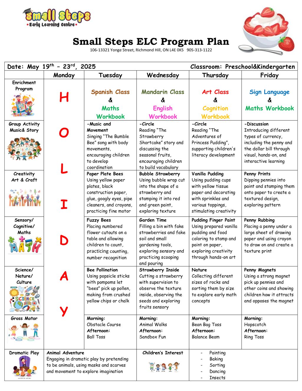Small Steps ELC Preschool Kindergarten Program Plan for May 19th 23rd 2025